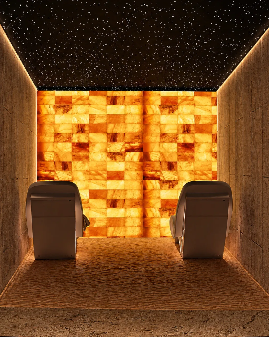 Sala de sal do SPA Nanö, com duas poltronas diante da parede de sal iluminada e o teto estrelado